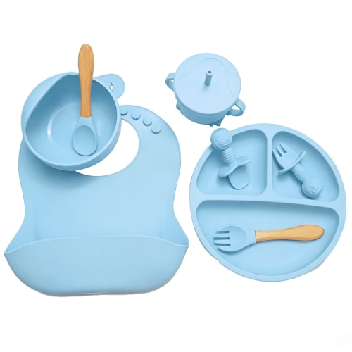SUSWIM Baby Led Weaning Supplies, 8 Piece BPA-Free Silicone Feeding Set, Silicone Suction Bowl, Forks & Spoons, Bib& Cup, Develops Self Feeding Skills, Dishwasher Safe, for 6+ Months (Blue)