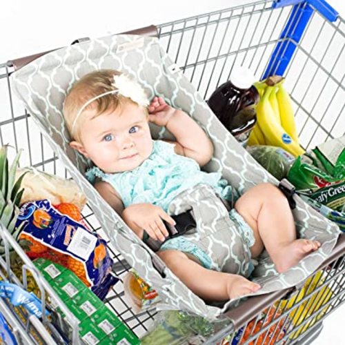BINXY BABY Shopping Cart Hammock | The Original | Holds All Car Seat Models | Ergonomic Infant Carrier + Positioner - Gray and Aqua Quatrefoil