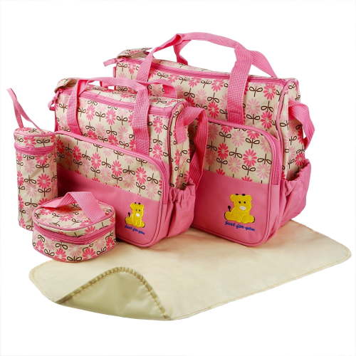 iMounTEK Baby Diaper Tote Stylish Nappy Messenger Insulated Bag 5 Piece Set Large Medium Handbag, Food/Bottle Bag, Pink