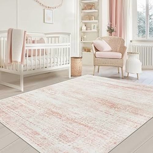 Washable Rugs 5x7 Area Rugs for Living Room,Bedroom,Dining Room- Ultra Soft Faux Wool Nursery Rug for Baby Girl,Neutral Light Pink Low Pile Vintage Carpets for Dorm Kids Playroom,Non Slip