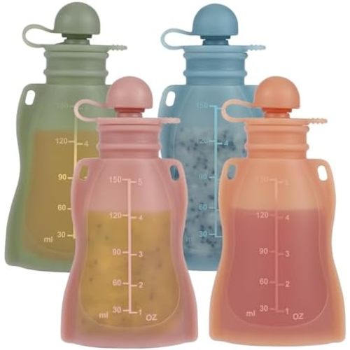4 Pack Silicone Reusable Baby Food Pouches with Straws, BPA Free