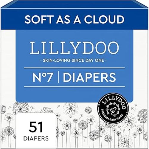 LILLYDOO Baby Diapers - Size 7 (33+ lbs), Half-Monthly Supply (51 Count), Leak Protection, Skin-Friendly, Ultrasoft, Perfume- & Chlorine-Free, Hypoallergenic, Dermatologist Tested, Oeko-TEX®