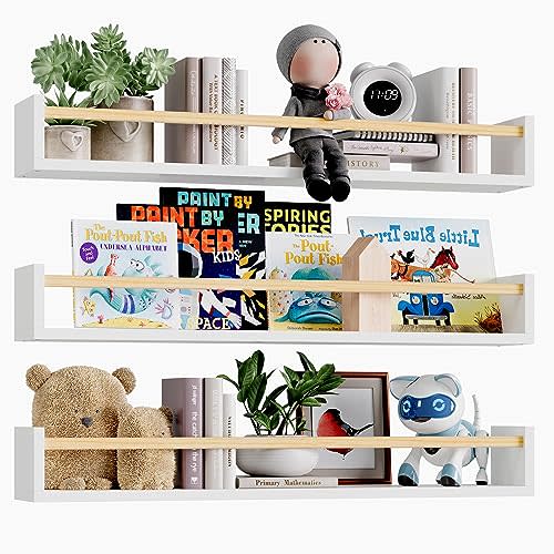 Fixwal Nursery Book Shelves, 23.6 Inch Floating Bookshelves for Wall Set of 3, Baby Nursery Decor, Solid Wood Wall Mounted Shelves for Books, Toys and Decor Storage (White and Natural Wood)
