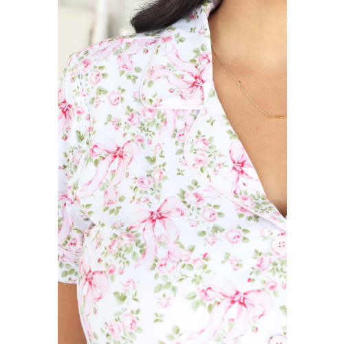 Women's Two Piece Flare Lounge Set in Bows in Bloom White | Caden Lane