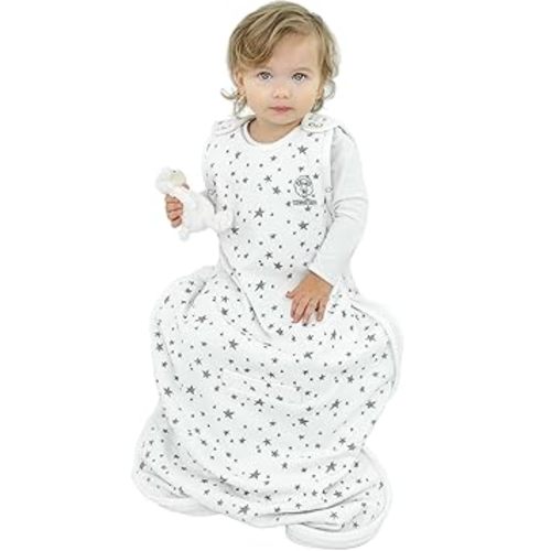Woolino 4 Season Ultimate Baby Sleeping Bag - Merino Wool and Organic Cotton - Universal Size Adjustable Sleep Sack for Baby - Two-Way Zipper Sleeping Bag (2-24 Months) - Stars White