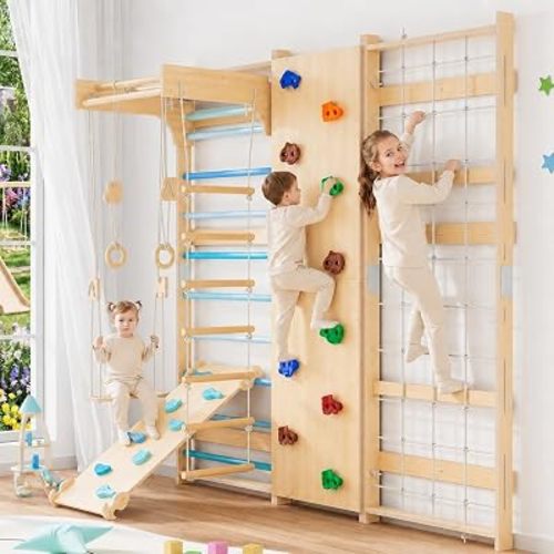 9-in-1 Swedish Ladder Rock Climbing Wall for Kids, Sky Blue