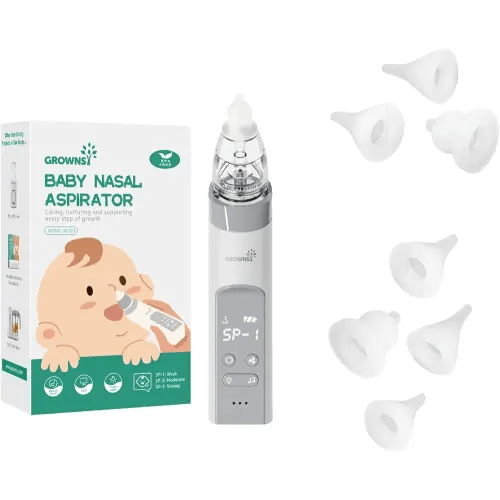 Baby Nasal Aspirator Grey with 7 Food-Grade Silicone Replacement Nozzles, Nose Sucker for Baby, Automatic Nose Sucker for Infants, Rechargeable, with Music & Light Soothing Function