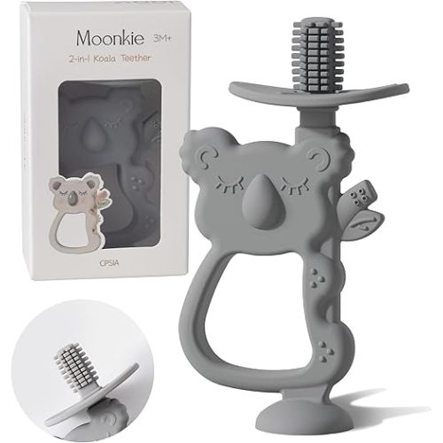Moonkie Teething Toy, Safe & Easy to Hold BPA Free Silicone Teethers, 360° Baby Toothbrush with Suction Base, Teether Toys Best for Babies 6-12 Months (Koala Lunar Grey)