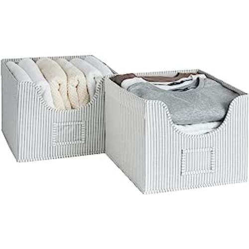 Amazon.com: StorageWorks Closet Storage Bins, Open Front Cube Storage Bins with Cutout Window and 2 Handles, Foldable Fabric Clothes Organizer, Large, Gray and White Stripes, 2-Pack : Home & Kitchen