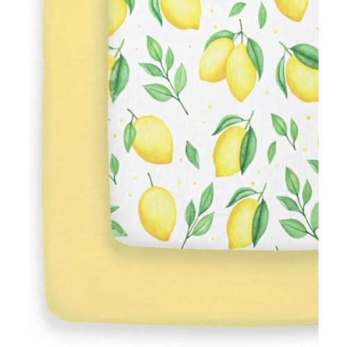 Pack and Play Sheets Fitted - 2 Pack Mini Crib Sheets for Pack N Play Mattress - Unisex Playard Microfiber Bedding for Boys & Girls - Soft, Breathable and Wrinkle Free - Oeko-Tex, 38 x 26in - Lemons