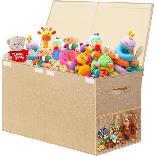 Large Toy Storage Box with Lid Upgraded Toy Chest Organizer with Removable PP Divider Foldable Toy Bin for Kids Boys Girls Linen Fabric Toy Box for Playroom Nursery Bedroom (25"x13"x16")