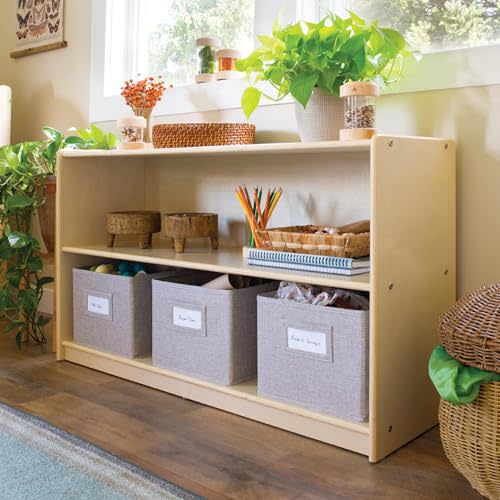 Guidecraft EdQ Two Shelf Open Storage 24'' Natural with 3 Fabric Bins: Wooden Multi-Purpose Bookcases and Toy Storage Organizer; Homeschool and Classroom Furniture
