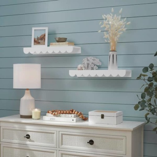 Scalloped White Wood Floating Wall Shelves (22" W x 2.5" H) (Set of 2)