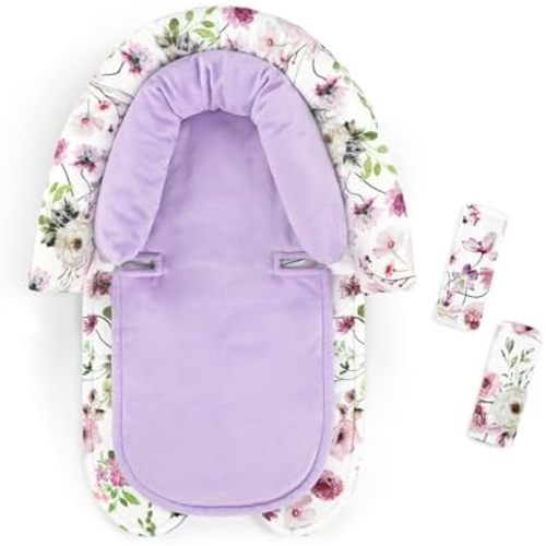 Baby Car Seat Head Support for Newborn, 2 in 1 Infant Car Seat Head Body Support with Strap Pads, Soft Stroller Cushion Pillow Insert for Girls and Boys, Fits for Stroller, Swing, Purple Floral