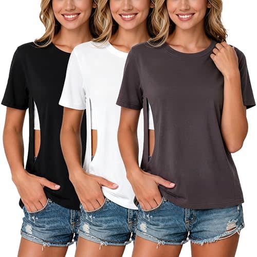 Ecavus 3 Pack Women Nursing Shirts for Breastfeeding - One Hand Zipper Short Sleeve Nursing Tops Pumping Postpartum Clothes