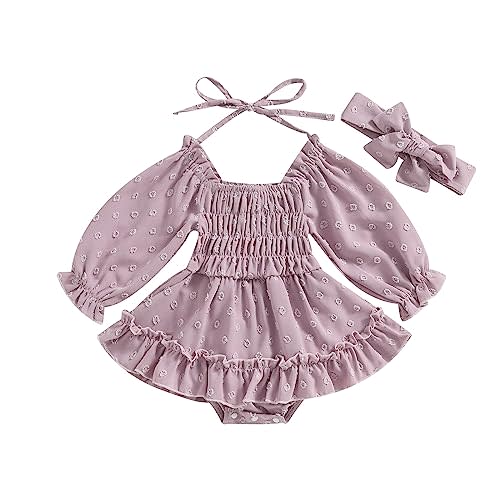 Infant Baby Girls Romper Dress 3 6 9 12 18 Months Onesie Short Sleeve Ruched Jumpsuits Skirts Hem Bodysuits Headband