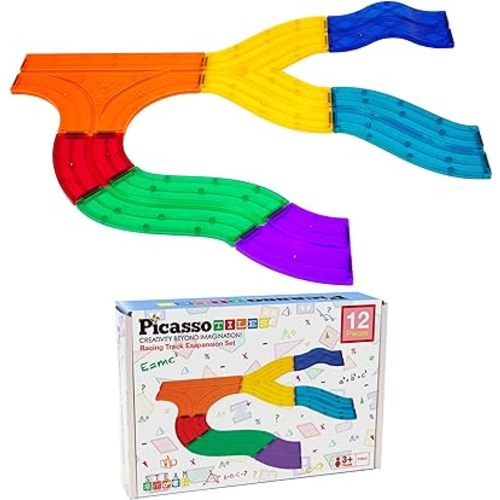 PicassoTiles 12 Piece Race Track Add-On Magnetic Building Block Set Magnet Tiles Construction Toy STEM Learning Kit Early Education Kids Toys Playset Pretend Play Blocks Child Brain Development PTR12