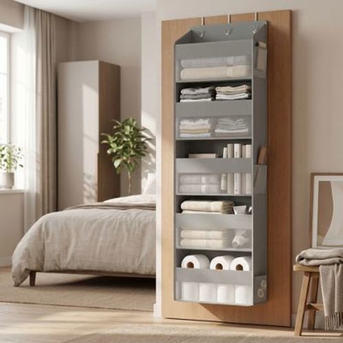 LEDREM Over the Door Organizer, 5-Tier Hanging Closet Shelf with Clear Pockets, 55.1 x 15.7 x 5.9 Inches, Gray