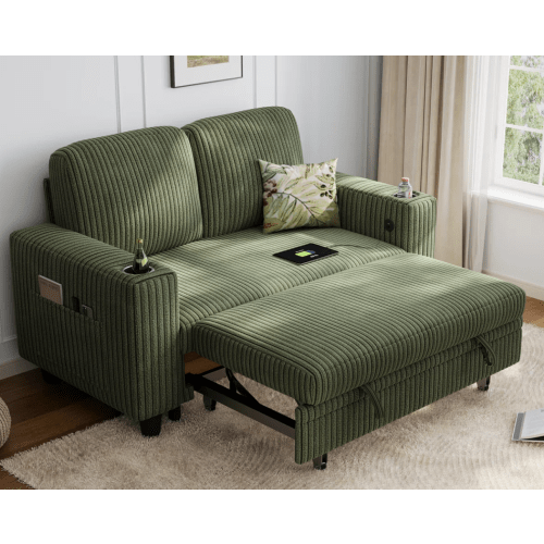 Ebern Designs 56" Plush Corduroy Loveseat Sofa Bed With USB Charging & Cup Holders | Wayfair