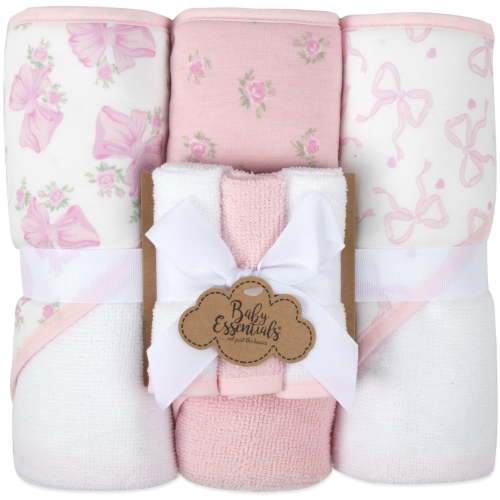 Baby Essentials 6 Piece Printed Hooded Bath Towel and Washcloth Set for Infant, Newborns and Toddlers 3 – 24 Months for Bath Time, Showers, Lounge, Beach and Pool in Pink Bows & Flowers