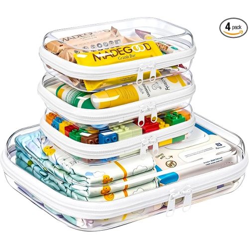 4 Pack Diaper Bag Organizer Pouches, Clear Hard Shell Zipper Cases for Baby Essentials, Toiletry Bag for Travel, Makeup Bag, Toy Storage Bins, Waterproof Storage Box for Pacifier Snacks Wipes Clothes