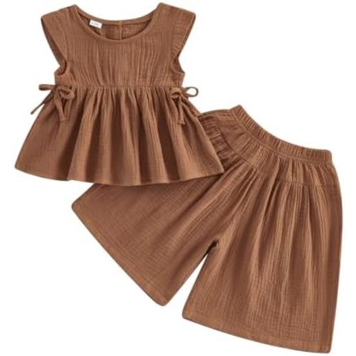 Baby Girl Summer Clothes Outfit Cotton Linen Sleeveless Ruffle Shirt and Wide Leg Pants Toddler Girls Clothes Set