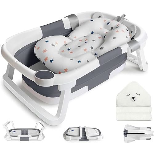 Collapsible Baby Bathtub for Newborns, Portable Infant Bathtub with Soft Bath Cushion Support for 0-24 Months, Toddler Bath Tub with Stand Indoor Travel Grey