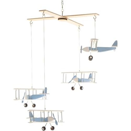 Hanging Airplane Mobile Children Kid Room Nursery Fly Vintage Decor Wooden Baby Blue-White