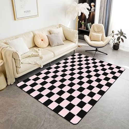 Erosebridal Plaid Area Rug 5x7 Pink Black Checkerboard Rug for Bedroom Living Room Geometric Checkered Carpet Decor Aesthetic Grids Indoor Floor Mat Non Slip
