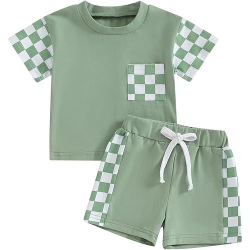 Sejardin Toddler Baby Boy Summer Clothes Plaid Patchwork Short Sleeve T Shirt Tops and Stretch Shorts Infant Boy Outfit