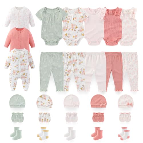 Unisex Baby Clothes 28Pcs Cotton Layette Gift Set and Accessories | Newborn Essentials Must Haves, Baby Boy Girl Outfits 0-12Months