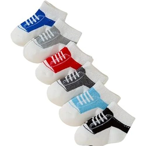 Baby Sneaker Print Ankle Socks, 6 Pairs, Multi-Color Cotton blend, white with blue, red, gray and black