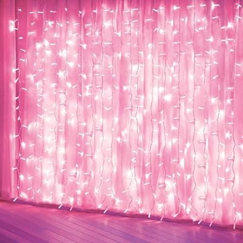 Curtain Lights, Pink Room Decor 8 Modes LED String Lights for Garden, Teen Girls' Room, Party, Window, Wall and Valentines Day Decor