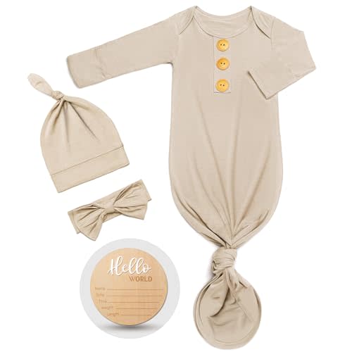 Soft Baby Knot Gown 0-3 Months, Newborn Announcement Sleepers With Mitten Cuffs and Personalized Wooden Name Tag