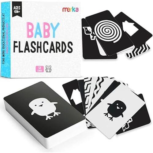 Merka Newborn Toys & Sensory Flash Cards for Babies - High Contrast Baby Cards - 50-Pack Paper, 2.4 in x 4.2 in, Black & White - Visual Stimulation & Brain Development for 0-3 Months