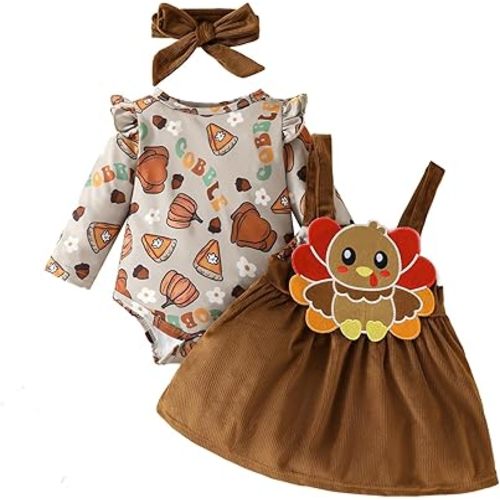 Thanksgiving Baby Girl Outfit My First Thanksgiving Infant Long Sleeve Romper Suspender Skirt Set 3Pcs