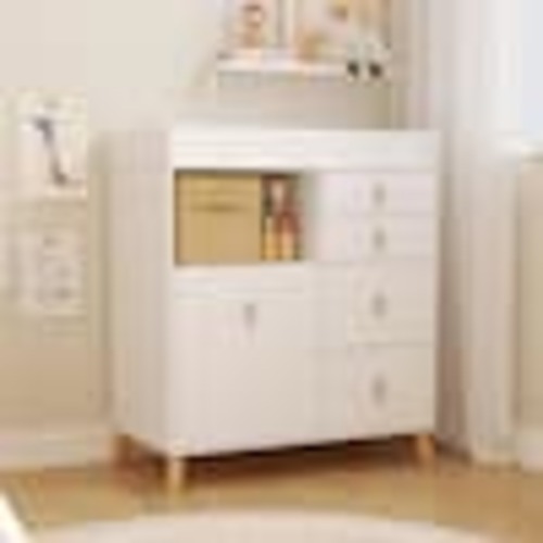 FUFU&GAGA White 5-Drawer 33.5 in. Width Wooden Stylish Kids Low Dresser, Chest of Drawers, Storage Cabinet with Open Shelf L-THD-180097-02-c1
