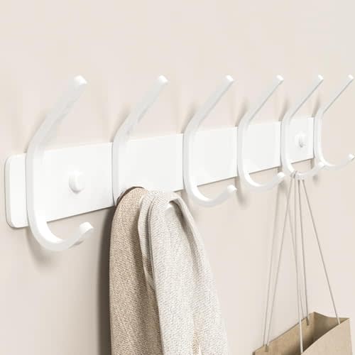 Coat Rack Wall Mount Hooks - 15 Inch White Metal 6-Hook Rack(1 Pack) | Modern Kids Room, Entryway & Bathroom Hanger for Towels, Coats, Purses, Bags
