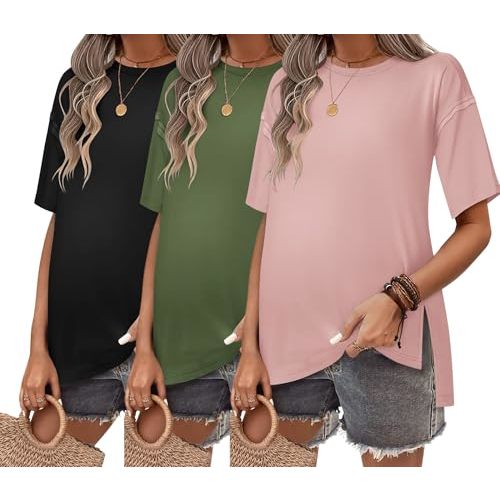 Ekouaer Maternity Shirts 3 Packs Short Sleeve Womens Oversized Pregnancy Tops Split Side Postpartum Blouse Clothes S-XXL
