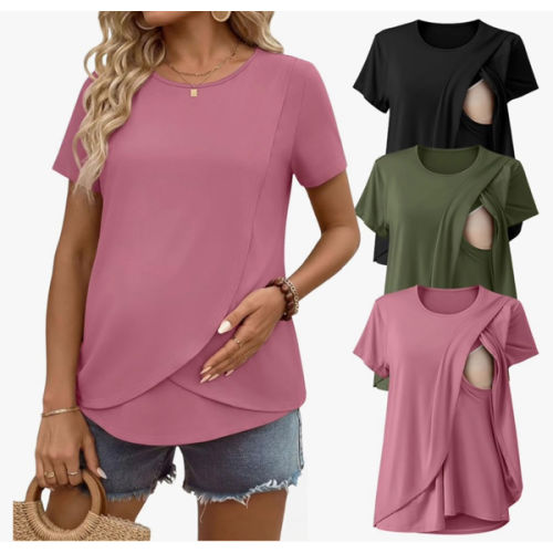 Ekouaer Nursing Shirts 3 Packs Short Sleeve Breastfeeding Tops Summer Maternity T Shirts Postpartum Double Layer Clothes
