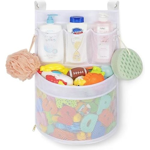 Ligereza Baby Bath Toy Organizer, quick drying, and mould proof, Multiple-Suspension Bath Toy Holder, Large Capacity Multi Use Bathtub Toy Storage Bag(1 Large, White)