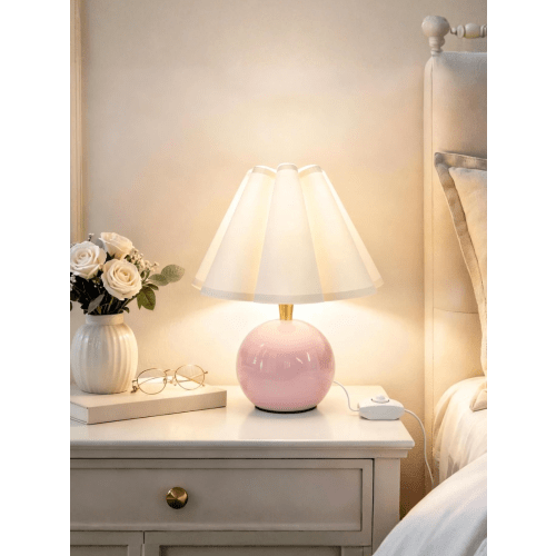 Ceramic Stepless Dimmable Lamp With A Scalloped Fabric Shade