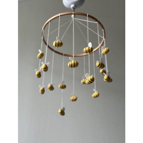Handmade Bee Mobile: Nursery Decor with Wooden Ring, First Toy Bumblebee