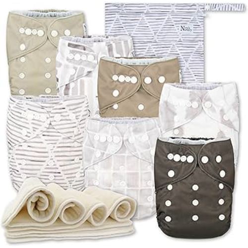 Nora's Nursery Cloth Diapers 7 Pack with 7 Inserts & 1 Wet Bag - Waterproof Cover, Washable, Reusable & One Size Adjustable Pocket Diapers for Newborns and Toddlers - Earthy Boho