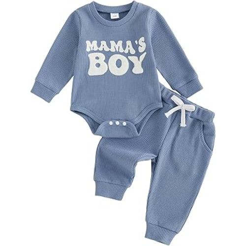 allshope Newborn Baby Boy Fall Outfit Romper Long Sleeve Letter Embroidery Jumpsuit Bodysuit Pants Infant Waffle Clothes Set