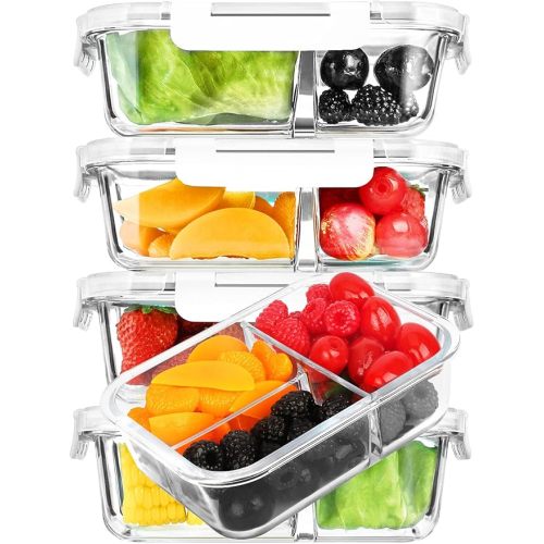 M MCIRCO [5-Pack, 36 oz] Glass Meal Prep Containers 3 Compartment with Lids, Glass Lunch Containers,Food Prep Lunch Box,Bento Box,Microwave, Oven, Freezer, Dishwasher (4.5 Cups)