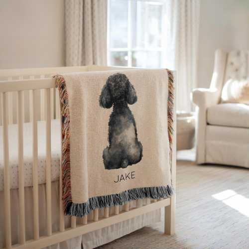 Personalized Black Poodle Dog Baby Blanket, Custom Name Puppy Nursery Throw, Black Poodle Baby Shower Gift, Poodle Breed Kids Room Decor