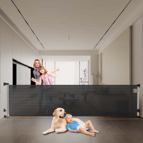 "Fxcoia Retractable Baby Gate, 71"" Wide x 38"" Tall, Safety Mesh Dog Gate for Doorways and Stairs, Black"