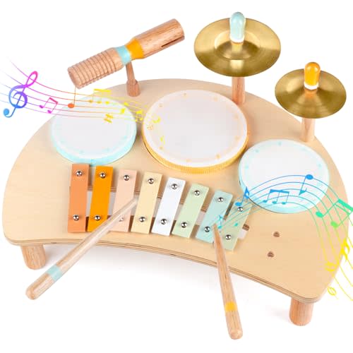 Kids Drum Set, Montessori Musical Instruments for Toddlers 1-3, Wooden Musical Toys for Baby 12-18 Months, Preschool Educational Xylophone Drum Kit, Birthday Gift for Boys Girls Ages 3+