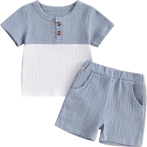 fhutpw Baby Boy Summer Outfits Henley Shirt Soft Pocket Short Sleeve Tops & Shorts Sets Infant 3 6 12 18 Months 2T Clothes